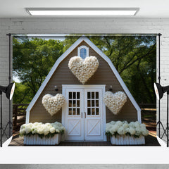 Aperturee - White Floral Wooden House Valentines Day Backdrop