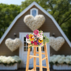 Aperturee - White Floral Wooden House Valentines Day Backdrop