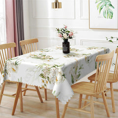 Aperturee - White Flower Green Leaf Spring Rectangle Tablecloth