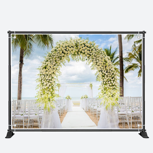 Aperturee - White Gauze Flower Arch Seaside Wedding Backdrop