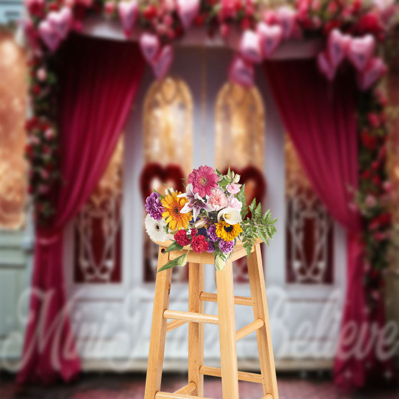 Aperturee - White Glass Door Floral Heart Valentine Day Backdrop