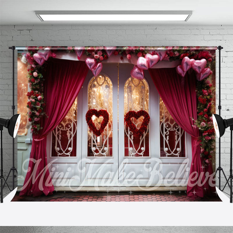 Aperturee - White Glass Door Floral Heart Valentine Day Backdrop