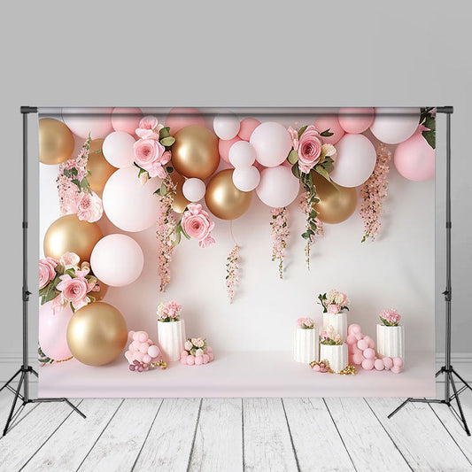 Aperturee - White Gold Balloons Pink Flower Cake Smash Backdrop