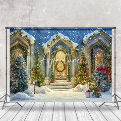 Aperturee - White Gold Luxury Door Snowy Tree Christmas Backdrop