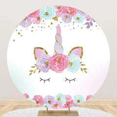 Aperturee - White Gold Unicorn Floral Round Birthday Backdrop