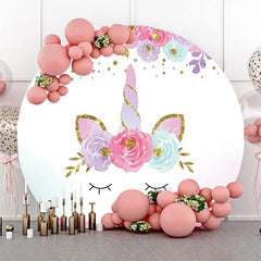 Aperturee - White Gold Unicorn Floral Round Birthday Backdrop