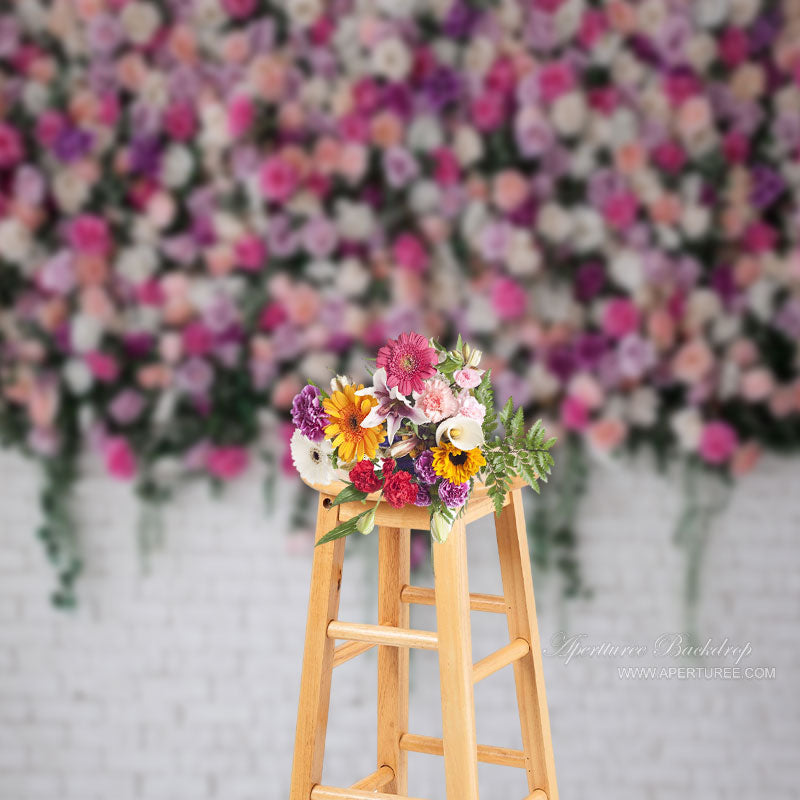 Aperturee - White Pink Floral Brick Wedding Portrait Backdrop