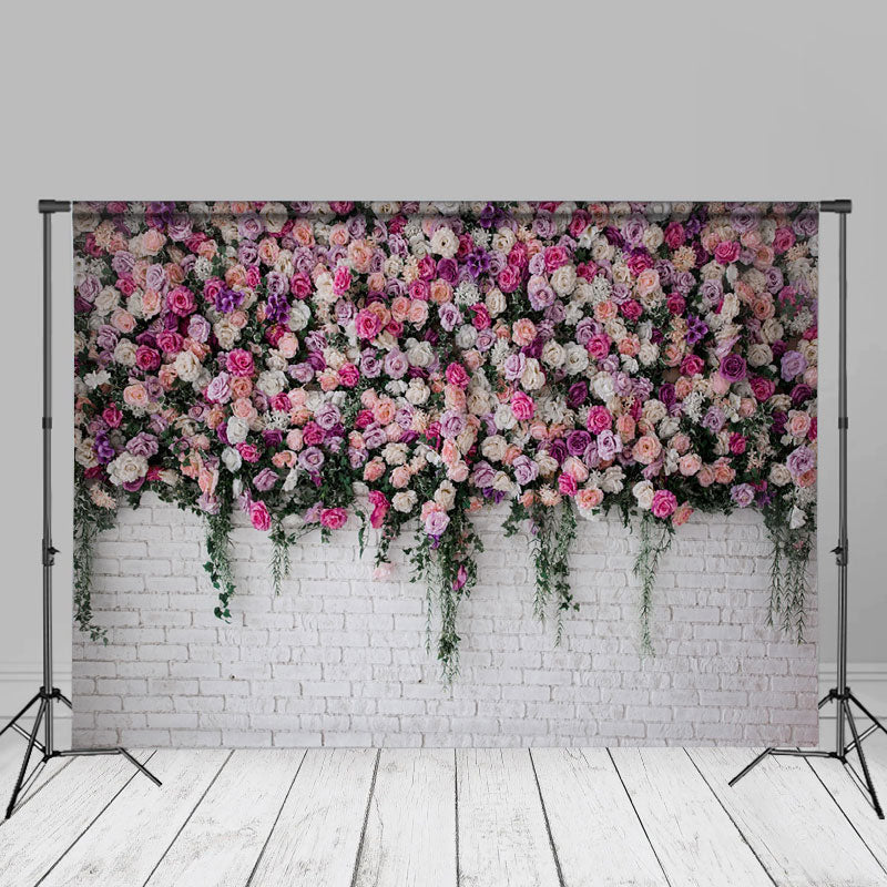 White Pink Floral Brick Wedding Portrait Backdrop - Aperturee