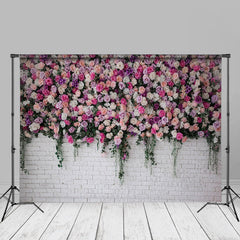 Aperturee - White Pink Floral Brick Wedding Portrait Backdrop
