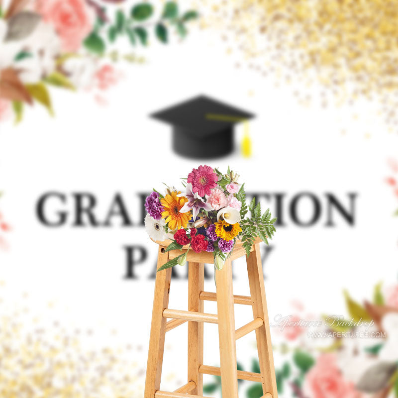 Aperturee - White Pink Floral Gold Glitter Grad Photography Backdrop