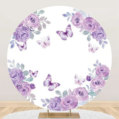 Aperturee - White Purple Rose Butterfly Round Birthday Backdrop