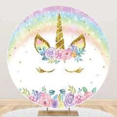Aperturee - White Rainbow Unicorn Floral Round Birthday Backdrop