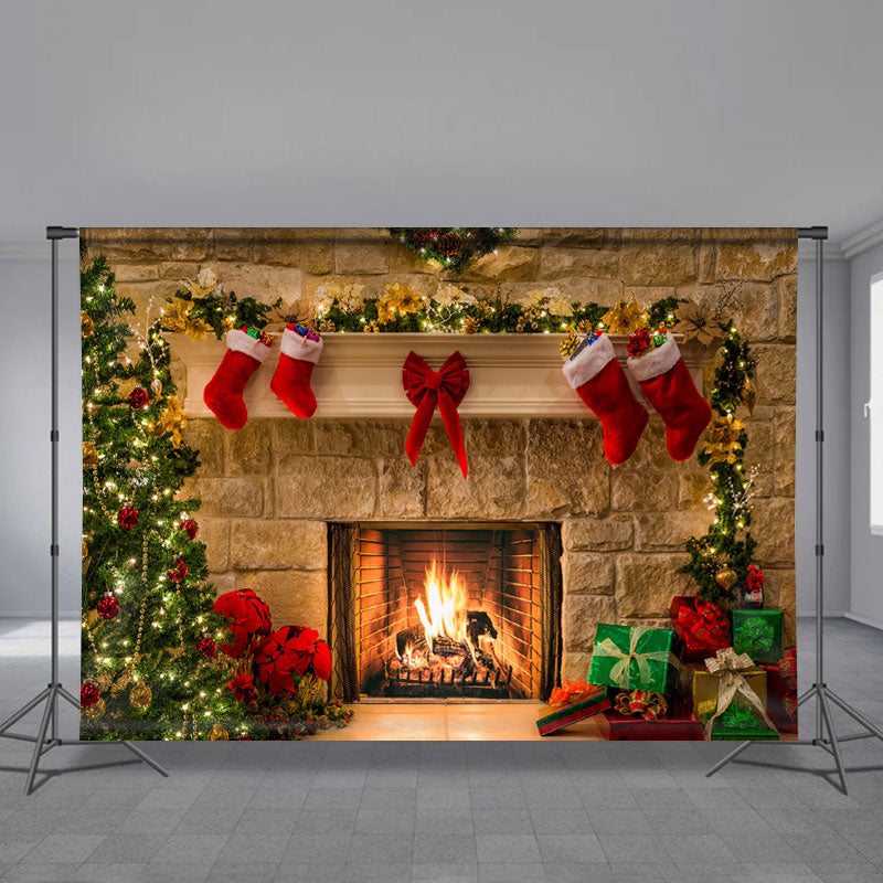 Aperturee - White Red Stocking Fireplace Christmas Backdrop