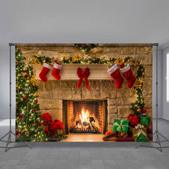 Aperturee - White Red Stocking Fireplace Christmas Backdrop