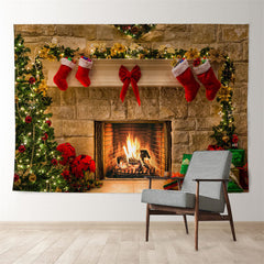 Aperturee - White Red Stocking Fireplace Christmas Backdrop