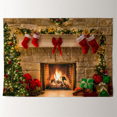 Aperturee - White Red Stocking Fireplace Christmas Backdrop