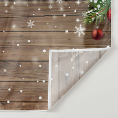 Aperturee - White Snow Red Bauble Pine Wood Christmas Backdrop