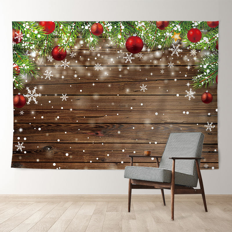 Aperturee - White Snow Red Bauble Pine Wood Christmas Backdrop