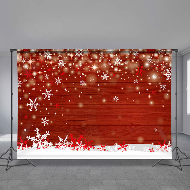 Aperturee - White Snowflake Bokeh Red Wood Christmas Backdrop