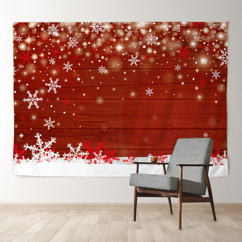Aperturee - White Snowflake Bokeh Red Wood Christmas Backdrop