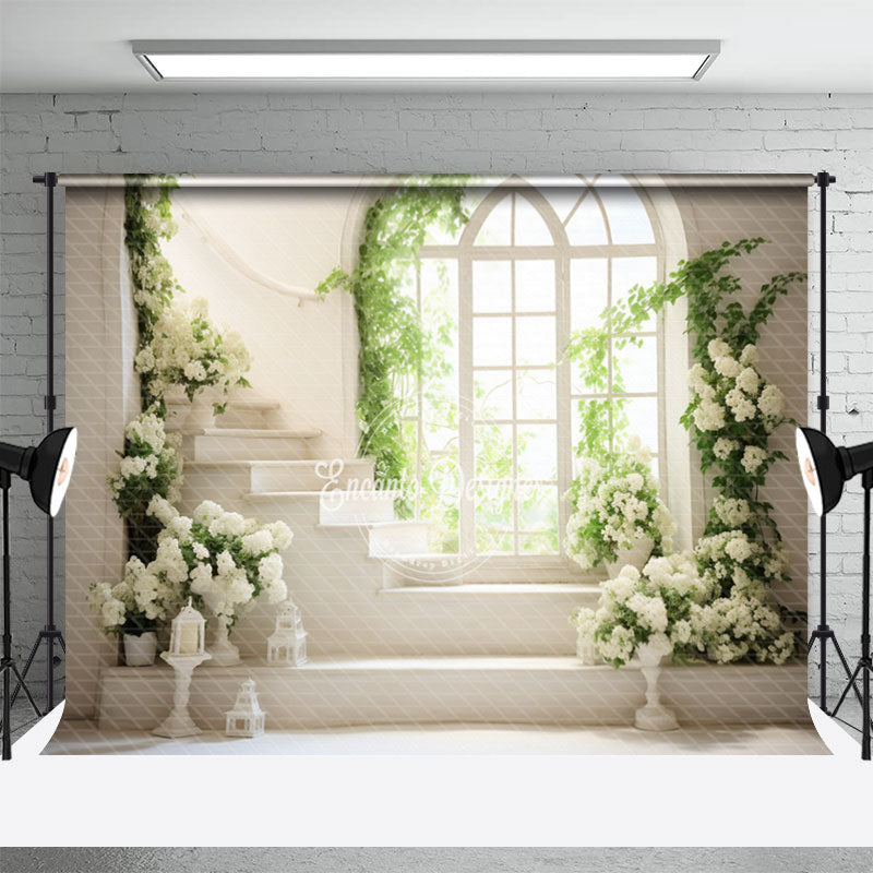 Aperturee - White Stairs Window Flower Spring Photo Backdrop