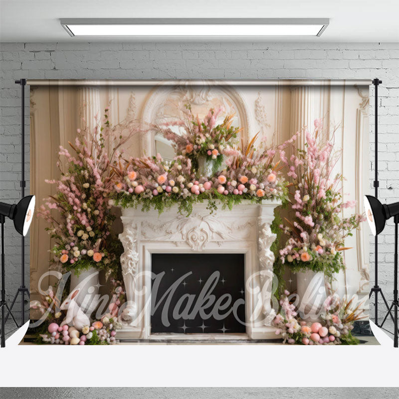 Aperturee - White Wall And Pink Flower Fireplace Easter Backdrop