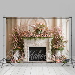 Aperturee - White Wall And Pink Flower Fireplace Easter Backdrop