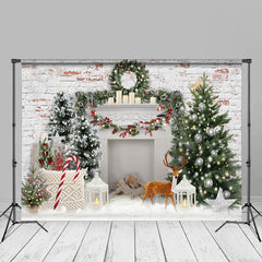 Aperturee - White Wall Brick Deer Pine Tree Christmas Backdrop