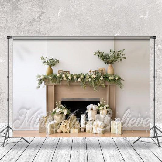 Aperturee - White Wall Brown Fireplace Gifts Floor Backdrop