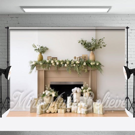 Aperturee - White Wall Brown Fireplace Gifts Floor Backdrop
