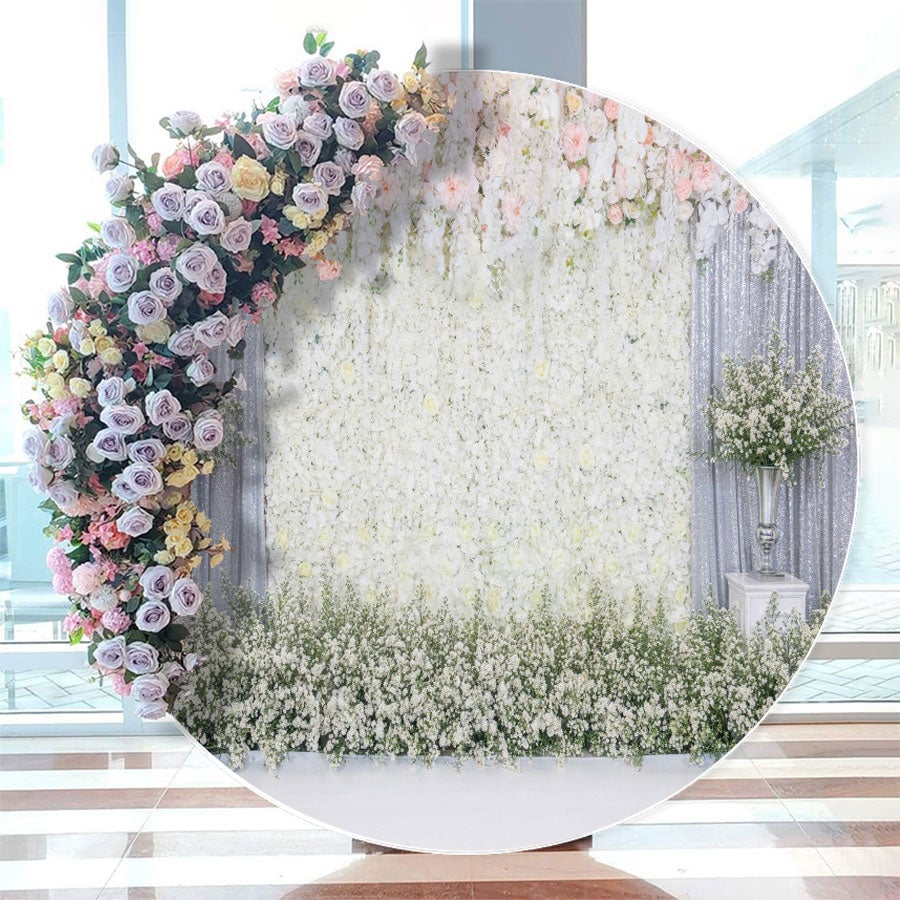 Aperturee - White Wall Floral Wooden Round Backdrop For Wedding