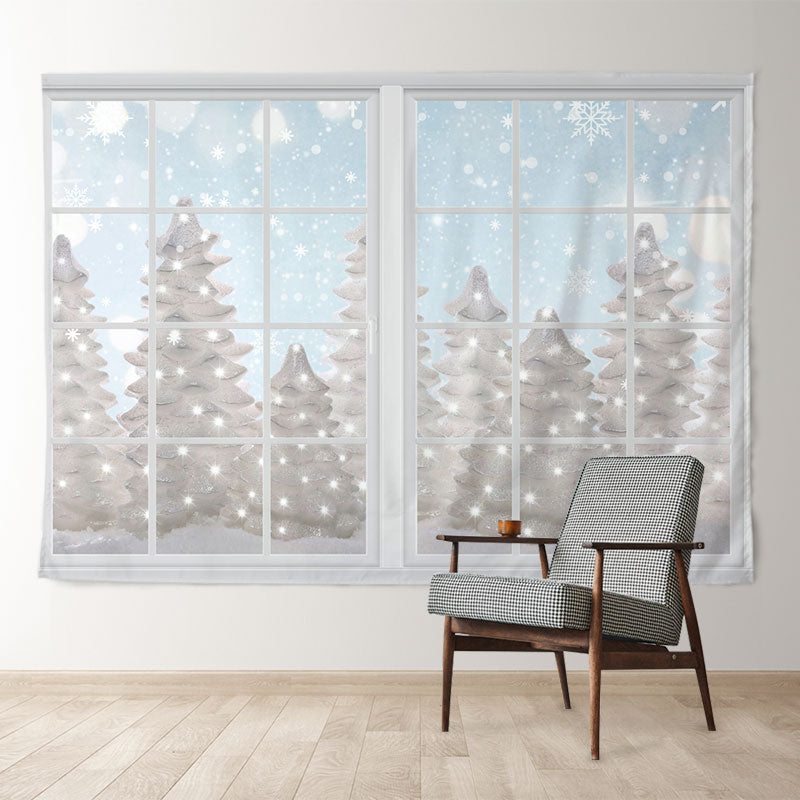 Aperturee - White Window And Snowy Tree Winter Scene Backdrop