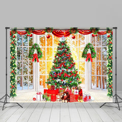 Aperturee - White Window Green Xmas Tree Christmas Backdrop