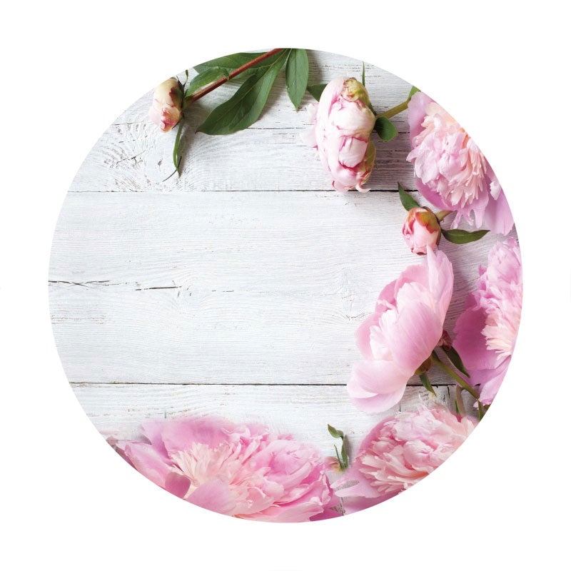 Aperturee - White Wood And Pink Floral Round Birthday Backdrop