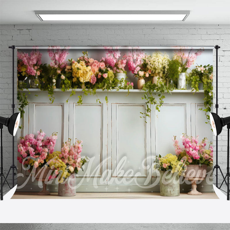 Aperturee - White Wood Cabinet Colorful Floral Spring Backdrop