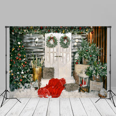 Aperturee - White Wood Wall Door Green Tree Christmas Backdrop