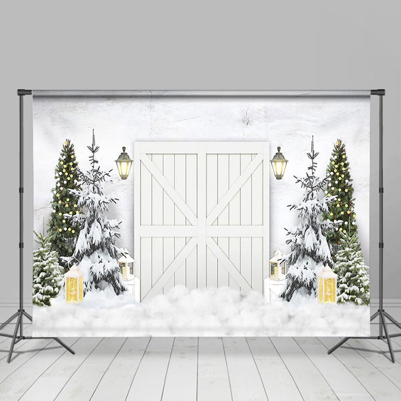 Aperturee - White Wooden Door Pine Tree Snow Winter Backdrop