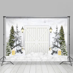 Aperturee - White Wooden Door Pine Tree Snow Winter Backdrop