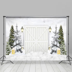 Aperturee - White Wooden Door Pine Tree Snow Winter Backdrop