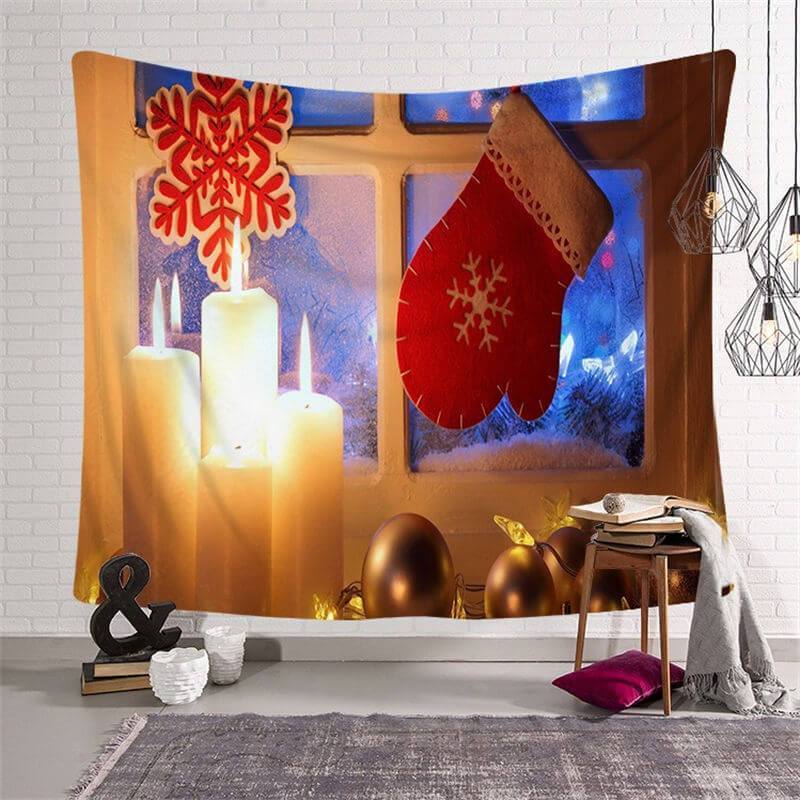 Aperturee - Window Candles Christmas Landscape Family Wall Tapestry