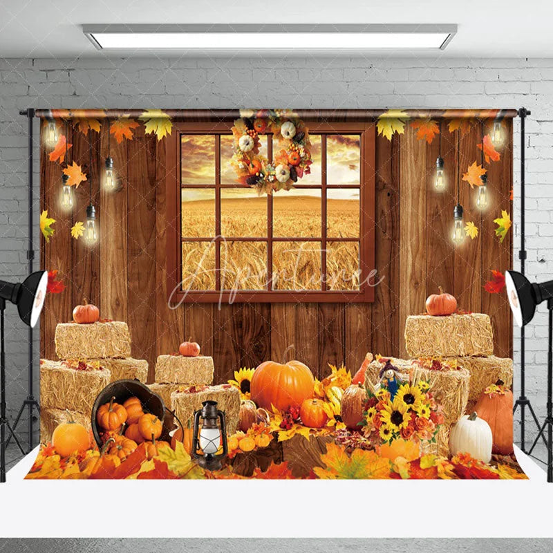 Aperturee - Window Wheat Field Autumn Pumpkin Harvest Backdrop