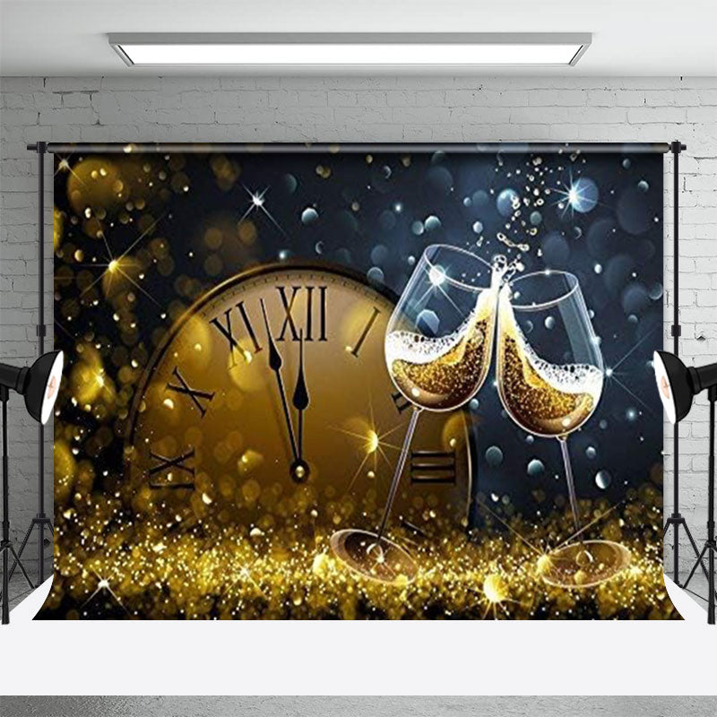 Aperturee - Wine Glass Twelve Clock Gold Bokeh New Year Backdrop