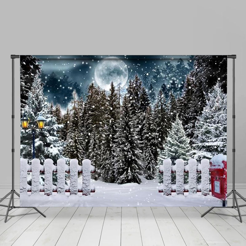Aperturee - Winter Full Moon Night Pine Forest Fence Backdrop