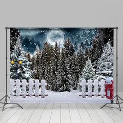 Aperturee - Winter Full Moon Night Pine Forest Fence Backdrop
