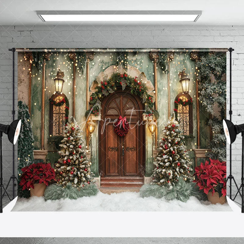 Aperturee - Winter Green Wall Brown Door Christmas Photo Backdrop