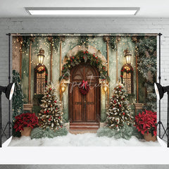 Aperturee - Winter Green Wall Brown Door Christmas Photo Backdrop
