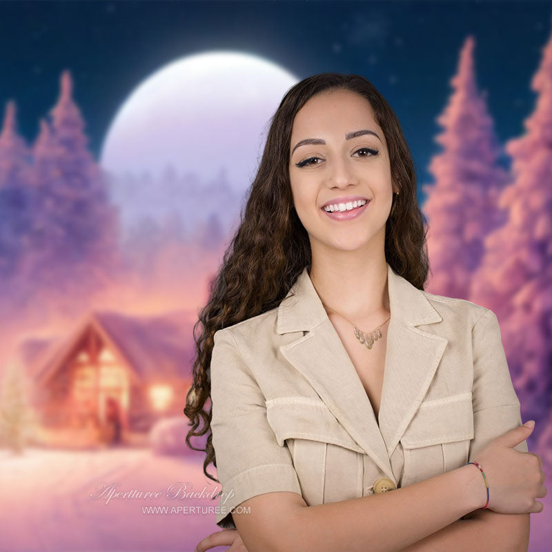 Aperturee - Winter Night Cedar Forest Warm House Christmas Backdrop
