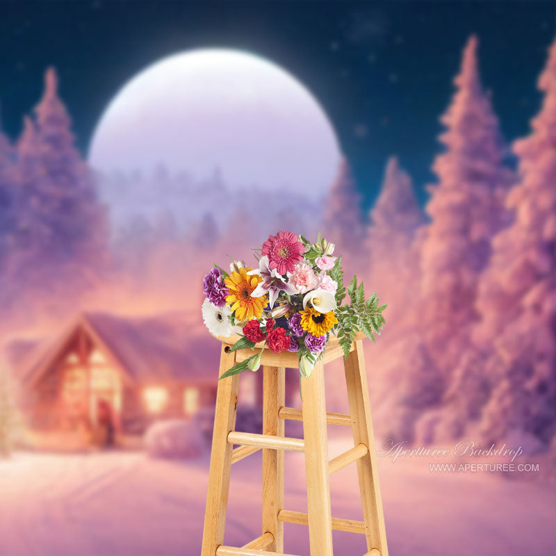 Aperturee - Winter Night Cedar Forest Warm House Christmas Backdrop