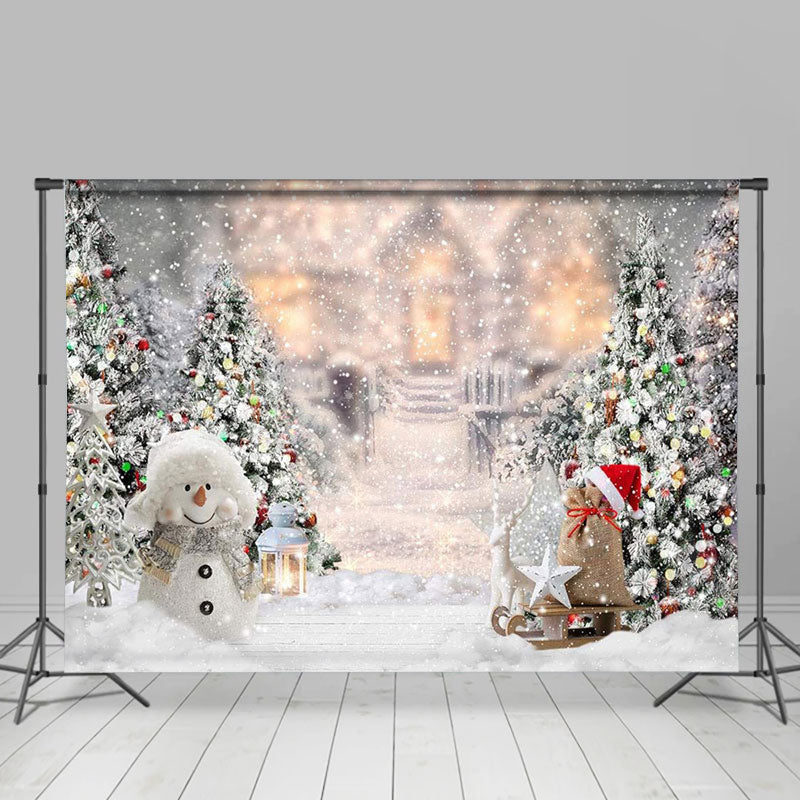 Aperturee - Winter Snowy Pine Tree Snowman Outdoor Backdrop