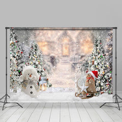 Aperturee - Winter Snowy Pine Tree Snowman Outdoor Backdrop